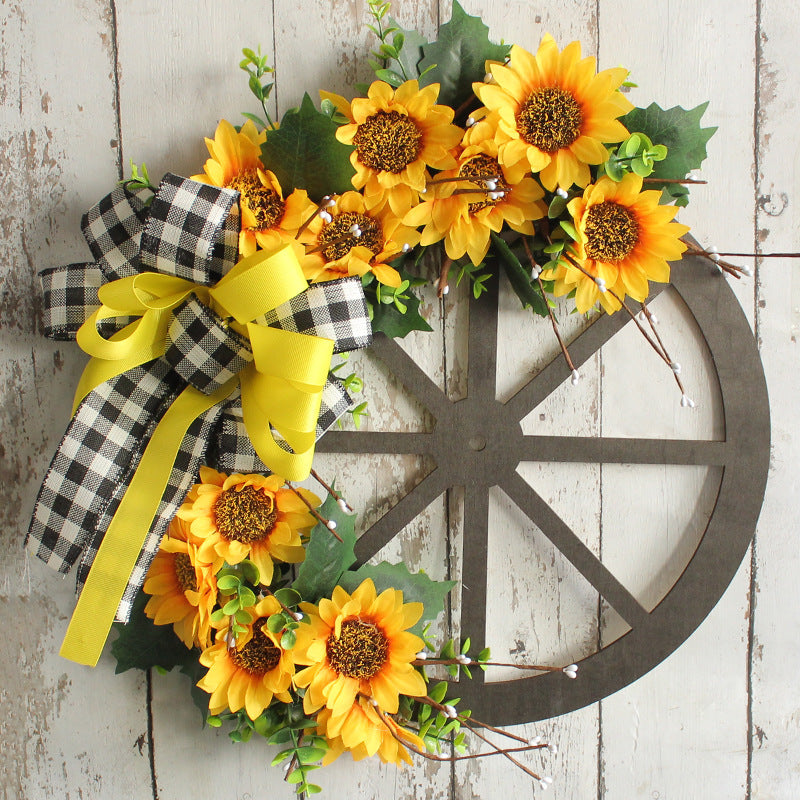 Sunflower Bow Garland Ornaments Wooden Wheel Plate Door Hanging Decoration