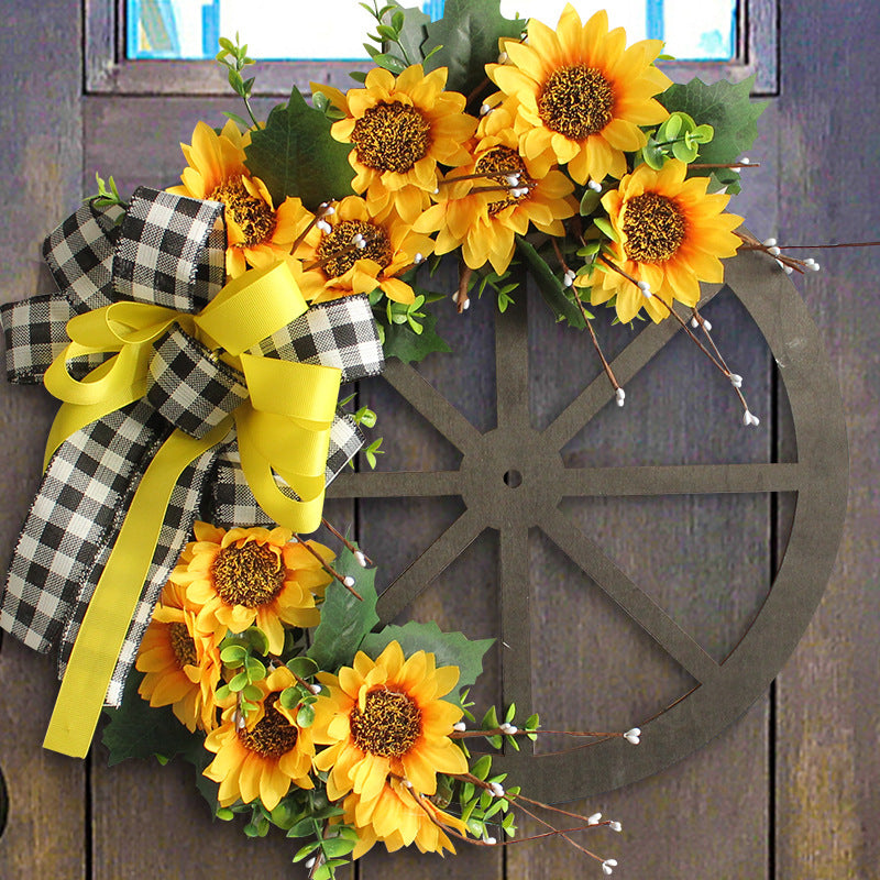 Sunflower Bow Garland Ornaments Wooden Wheel Plate Door Hanging Decoration