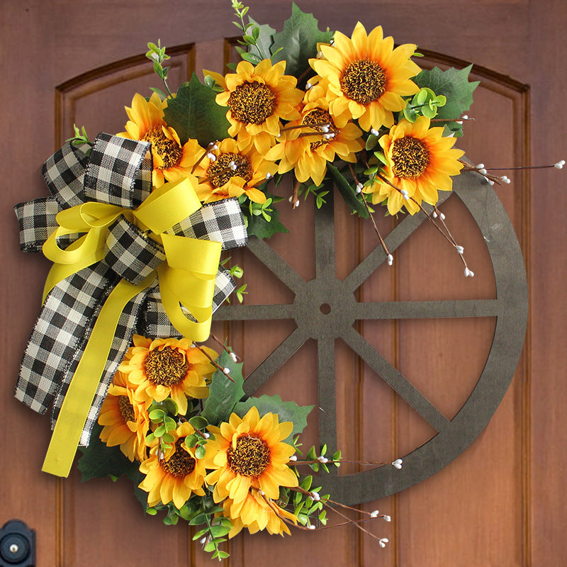 Sunflower Bow Garland Ornaments Wooden Wheel Plate Door Hanging Decoration