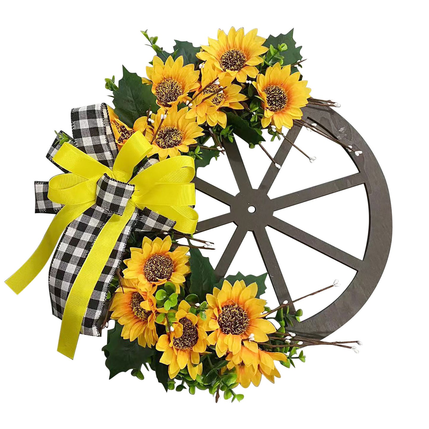 Sunflower Bow Garland Ornaments Wooden Wheel Plate Door Hanging Decoration